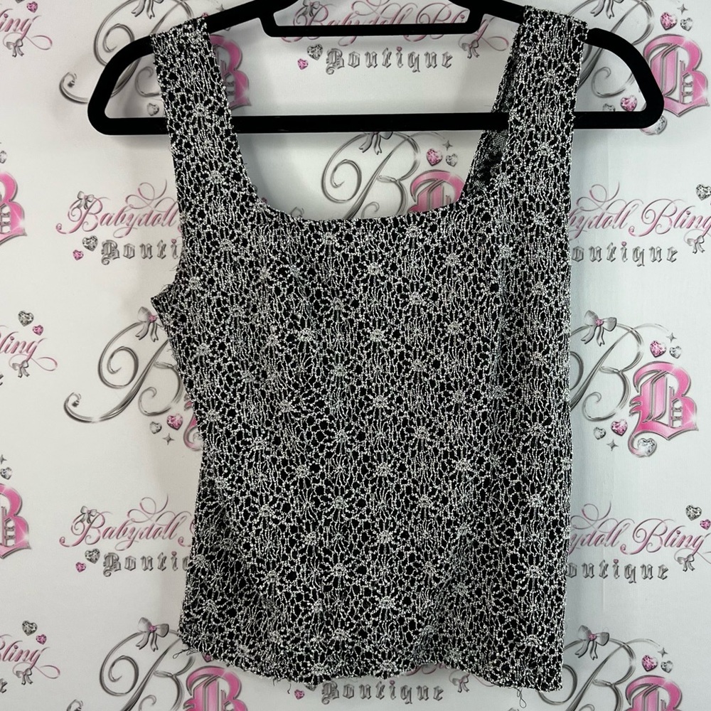 NICOLA tank top crochet detail Black and White silver Floral Tank Top cami